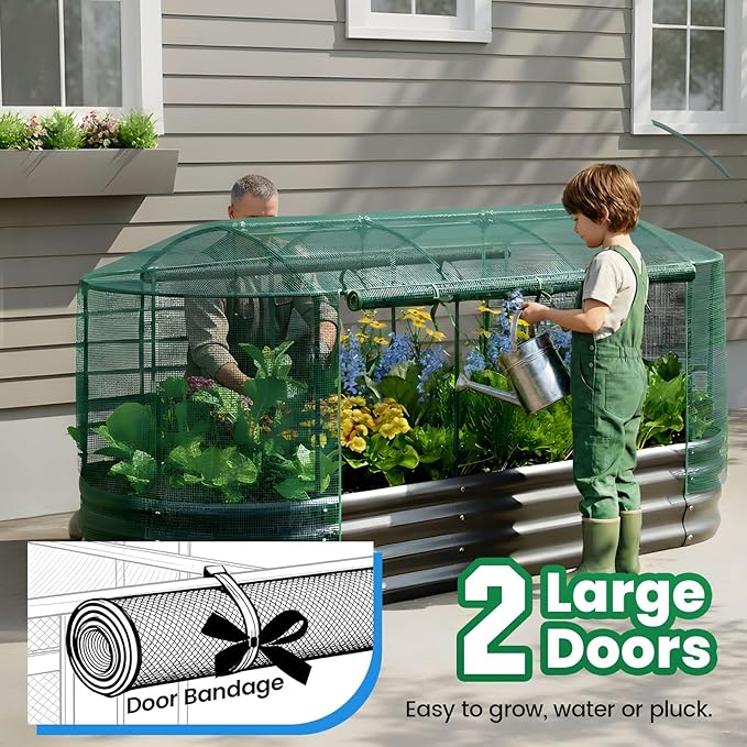 Quictent Galvanized Raised Garden Bed Kit with Self Watering System and Mesh Cover, Large Oval Metal Outdoor Planter Garden Boxes for Vegetables Herbs Flowers, 8x3x1Ft