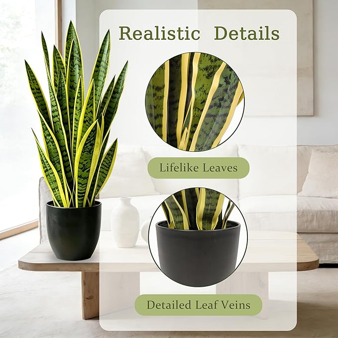 Fake Snake Plant, 35" Artificial Potted Plant with Black Pot, Realistic Faux Plant for Home Decor, Low Maintenance No Watering Needed for Desk Corner Office & Pet Areas