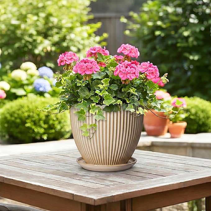 8 Inch Pots for Plants, Ceramic Planter with Drainage Hole and Saucer, Decorative Indoor Plant Pots for Snake Plants, Modern Round Flower Pot, Office House Decor, Gardening Gifts, Beige