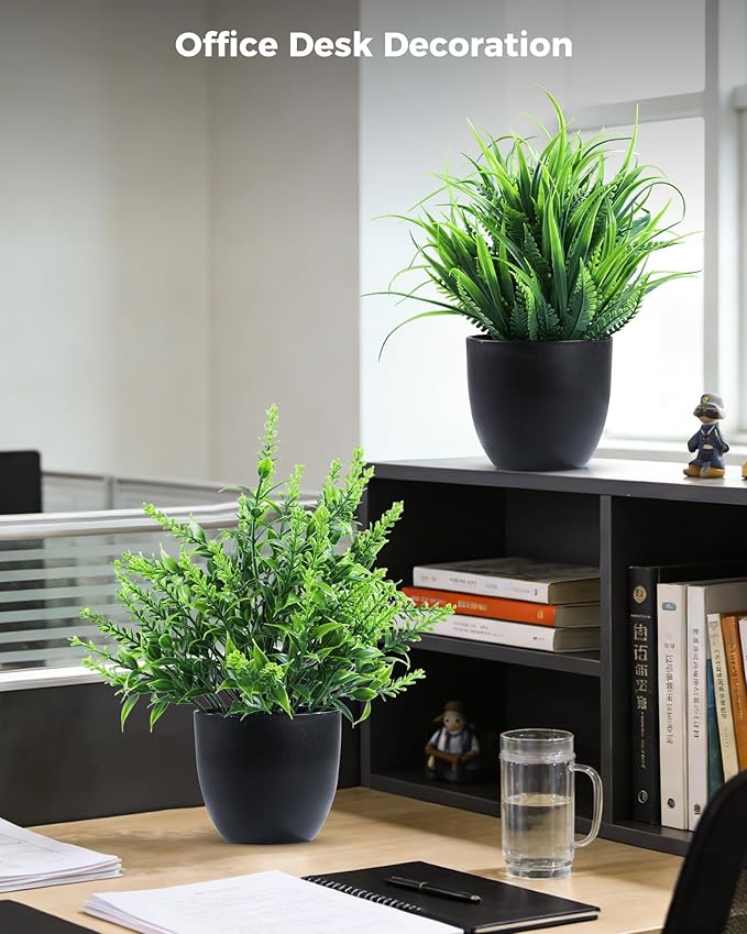 Clearain Fake Plants 6 Packs Artificial Plants Small Faux Plants Black Bathroom Accessories for Bathroom Home Kitchen Coffee Table Office Desk Decor Indoor (Black)