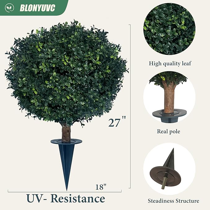 kyesyes Artificial Boxwood Ball Bush 27" Tree UV Resistance Rated with Spike. Easy to Push in The Ground.Plant Looks Great in a Planter Anywhere. Indoor/Outdoor Decor 2 Pack