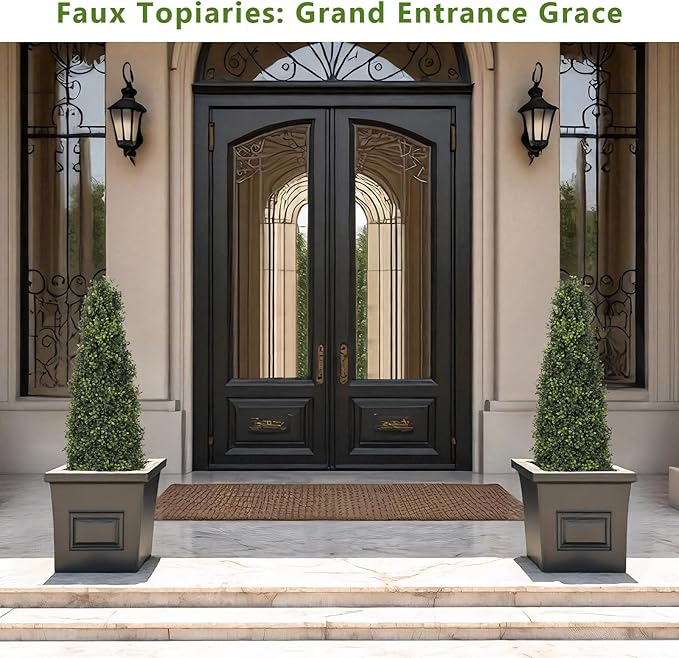4ft Artificial Boxwood Topiary Trees (Set of 2) - UV Resistant Faux Plants Outdoor, Realistic 48in Fake Potted Bushes and Shrubs for Front Porch, Planter, Patio, Evergreen