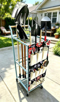 Garden Tool Organizer with Wheels Heavy Duty Yard Tool Organizer Rack with Side Storage Pockets Sturdy Metal Steel Holder with 6 Hooks for Garage, Yard, Patio, Shed