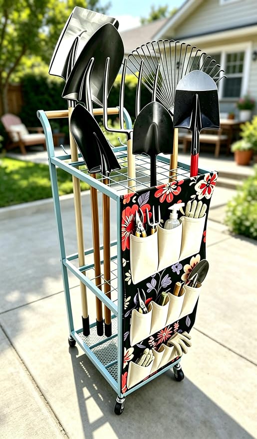 Garden Tool Organizer with Wheels Heavy Duty Yard Tool Organizer Rack with Side Storage Pockets Sturdy Metal Steel Holder with 6 Hooks for Garage, Yard, Patio, Shed