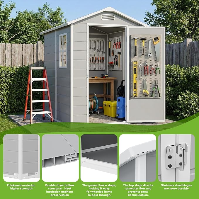 4x6 FT Outdoor Storage Shed with Floor & Window, All-Weather Resin Garden Tool Shed, Waterproof Plastic Garden Shed with Lockable Door, Vents & Roof Rainwater Drainage for Backyard, Garden, Poolside