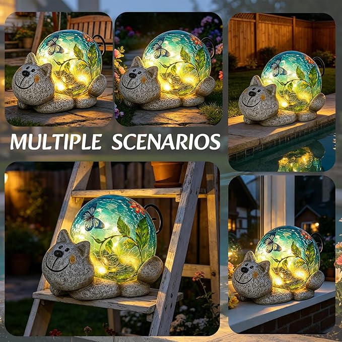 Afirst Solar Garden Statues Outdoor Figurines - Cat Lawn Ornament with Solar Lights Cracked Glass Outdoor Decor for Patio Yard Decorations