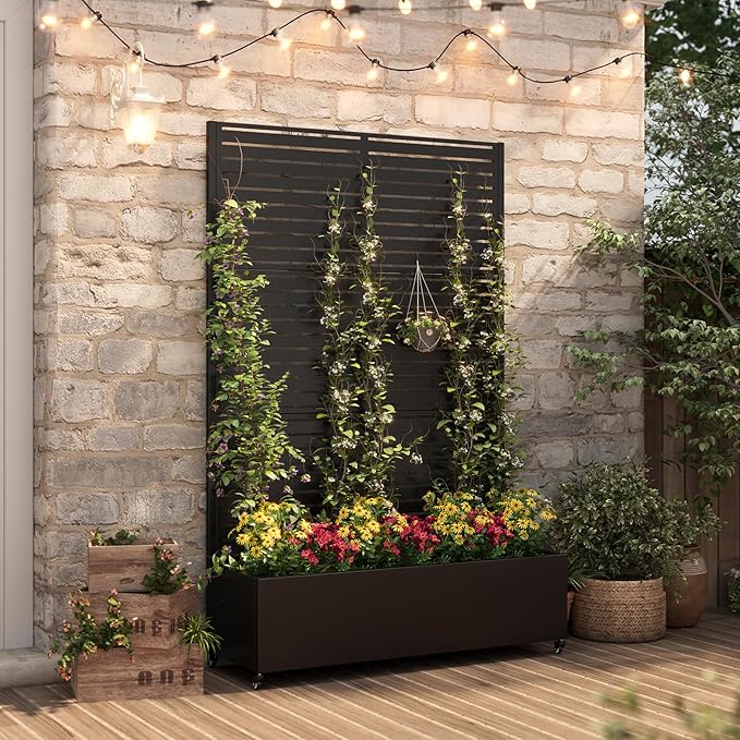 Metal Planter Box with Trellis,72"x47"x15.7",Galvanized Raised Garden Bed Trellis Outdoor Planter with Privacy Screen & Wheels and Drainage Holes,for Patio Climbing Vegetables,Flowers,Vines,Black