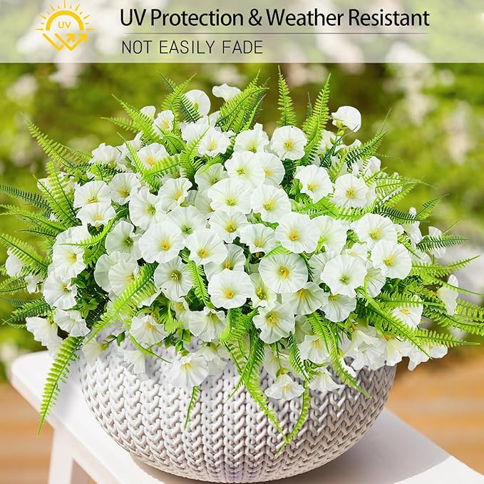 Artificial Flowers for Outdoors 12 Bundles White Artificial Petunias Fake Flowers UV Resistant Shrubs Plants with Fern for Indoor Outside Hanging Planters Home Garden Spring Decorations