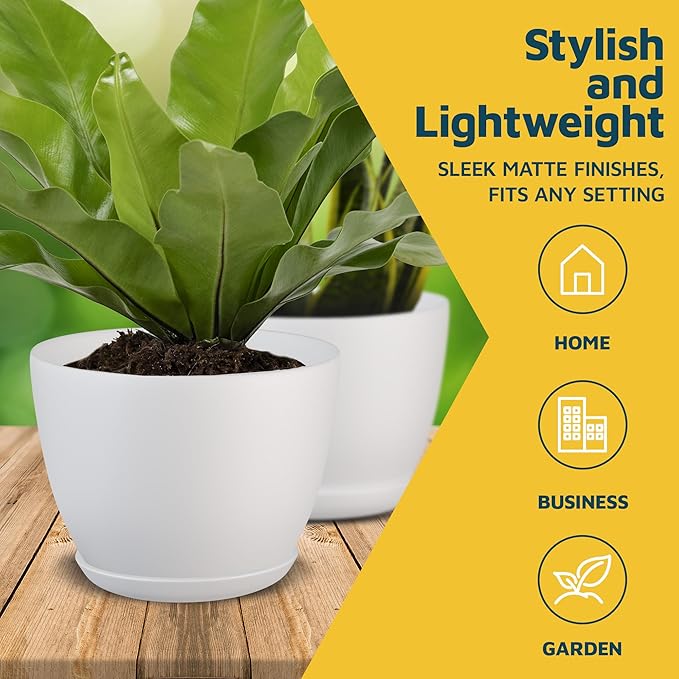 White Plant Pots with Drainage Holes & Saucers 3 Pack, Indoor & Outdoor Stackable Space-Saving Planters for Houseplants & Flowers, (7", 6.7", and 6" Inches), Durable & Weatherproof Materials