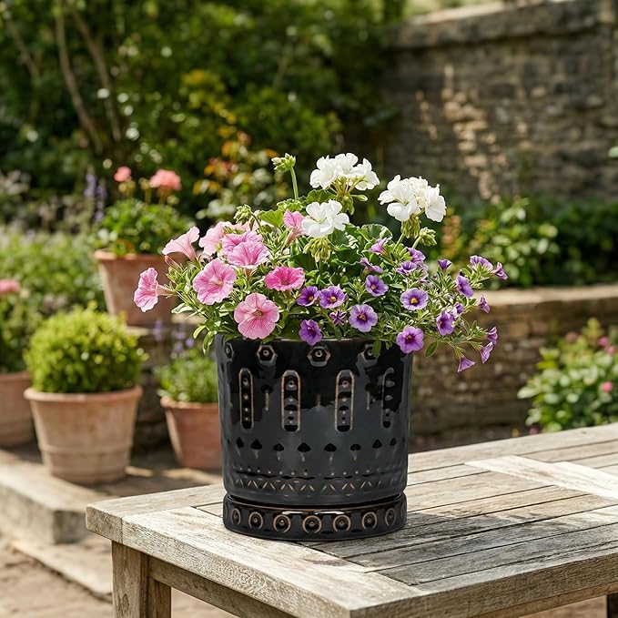 6 Inch Plant Pot, Ceramic Pots for Plants with Drainage Hole and Saucer, Round Planter for Indoor Outdoor Plants, Modern Decorative Flower Pots, Bedroom Decor, Gifts for Plant Lovers, Black