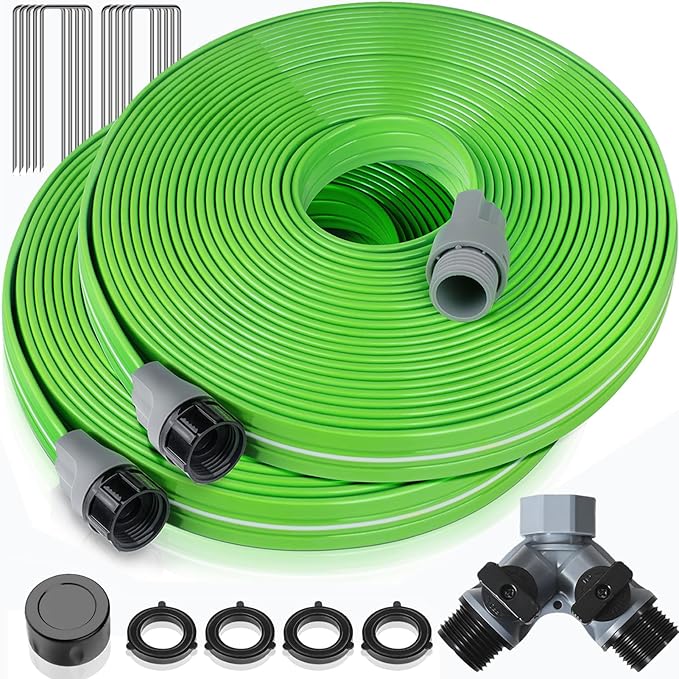 Heavy Duty Sprinkler Soaker Hose 30 FT, Flat Garden Hose with Holes, Efficient Flexible Irrigation Hose for Yard, Lawn and Garden, Includes Stakes (15FT x 2Pack)