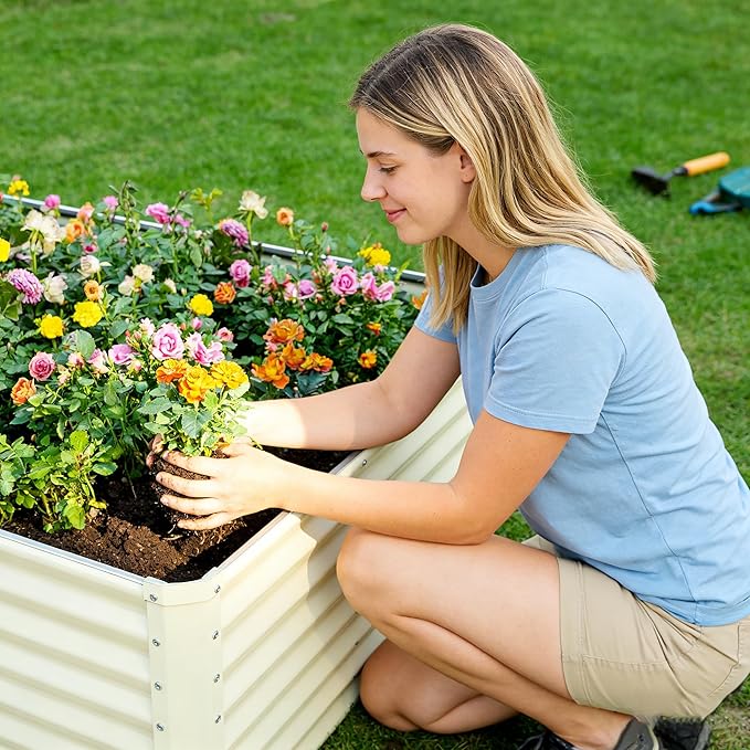 GARDMAX 8x4x2FT Galvanized Raised Garden Bed Kit, Metal Planter Boxes Outdoor with Easy Assembly, Large Garden Bed for Vegetables, Fruits, Flower, Herbs Rectangle Milk White