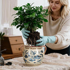 BUYMAX Ceramic Plant Pots for Indoor Plants with Drainage Hole, Vintage Crackle Glaze Hand-Painted Blue Flower Planter with Handles, Small Decorative Hanging Planter
