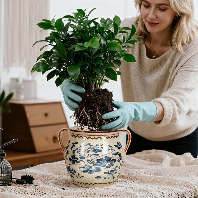 BUYMAX Ceramic Plant Pots for Indoor Plants with Drainage Hole, Vintage Crackle Glaze Hand-Painted Blue Flower Planter with Handles, Small Decorative Hanging Planter