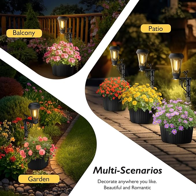 2Pcs 7.9 Inch Solar Lights Planter Dual-Sided 3000K Warm White Lighting, 2 in1 (Wall/Stand) Flower Pots, Auto on/Off IP65 Solar Post Light with Planter Waterproof for Yard, Patio, Porch, Pathway Decor