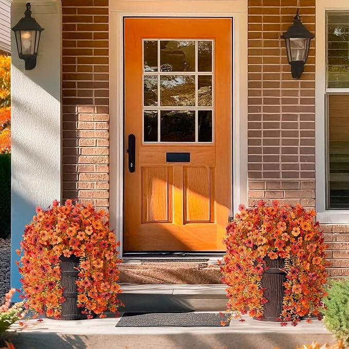 Artificial Fall Fake Flowers for Outdoor, 2 Pcs Faux Hanging Flowers Outdoor Fall Decor, UV Resistant No Fade Fake Mums Silk Flower for Front Door Porch Planters Patio Yard Garden(Orange Autumn Red)
