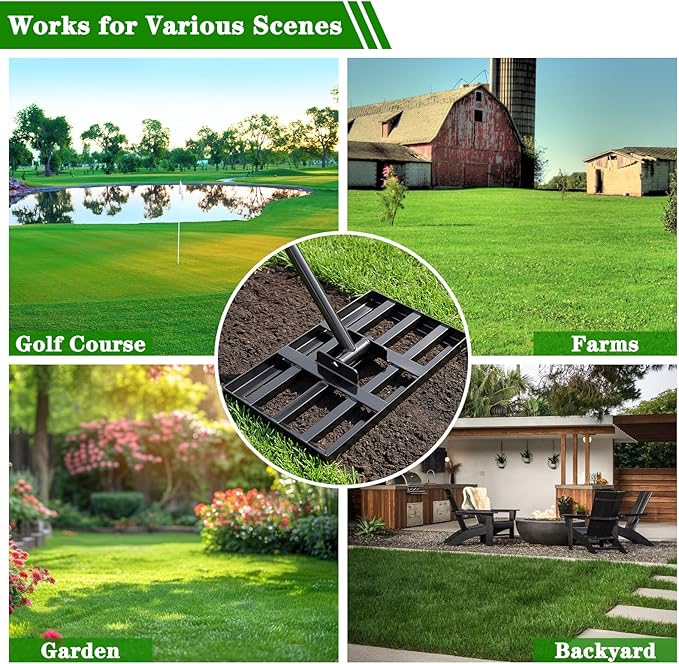 Lawn Leveling Rake 17x10 inch, Heavy Duty Ground Leveler for Soil, Sand, Effortless Smooth Use & Easy Assembly Stainless Steel Landscape Rake for Backyard, Garden, Golf Course, Black