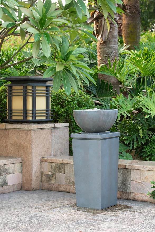 35.5" Polyresin Gray Zen Bowl Water Fountain, Outdoor Bird Bath and Pedestal Waterfall, Modern Minimalist Relaxing Water Feature for Garden, Lawn, Backyard & Porch