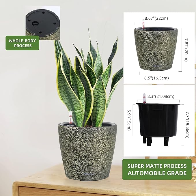 Dexceder 9x8 Self Watering Planter (Black Gold Crackle) | Inner Pot Design, Thickened Table Flower Plant Pot with Water Level Indicator Indoor Outdoor