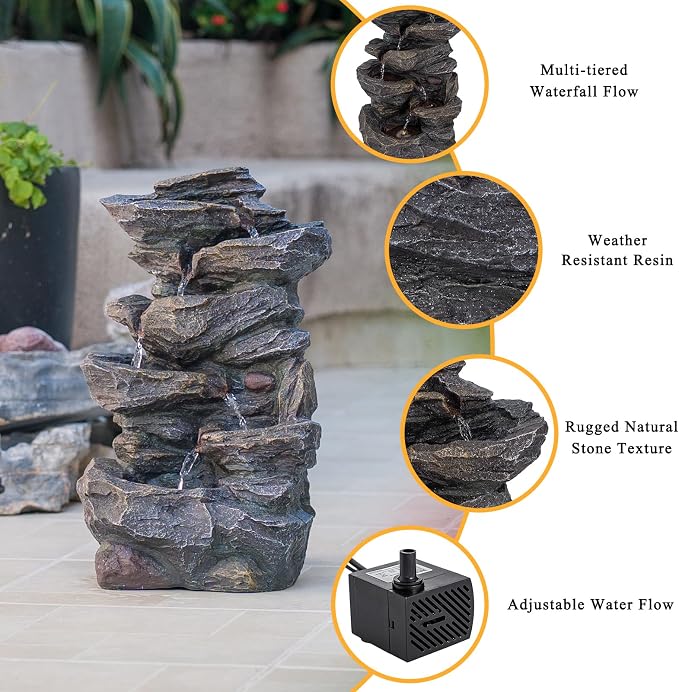 Solarbloom 18.8" H Garden Fountains Outdoor,6-Tier Spiral Cascading Stacked Waterfall Fountain with LED Lights, Freestanding Resin Water Feature for Patio Garden Backyard Deck Home Decor