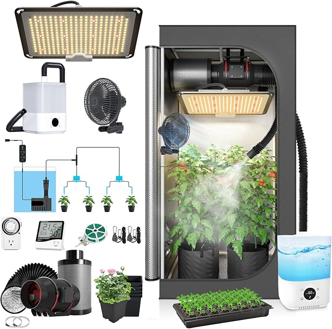 Upgrade Integrated Auto Grow Tent Kit Complete Kit, S1000 LED Grow Light, 32"x32"x64" Grow Tent, 4“ Ventilation with Inline Fan, Carbon Filter, Irrigation Kit, Humidifier and Clip Fan