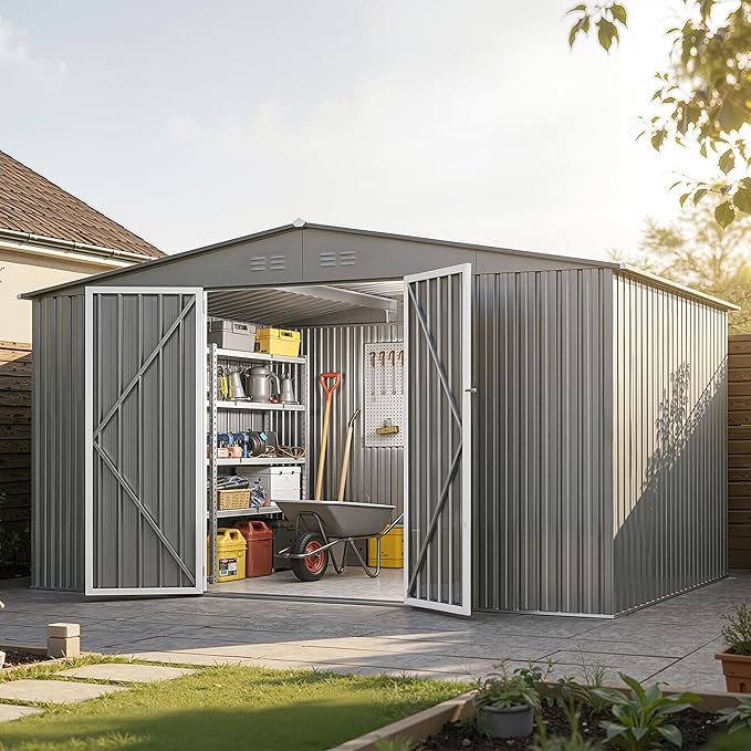 12 x 10FT Sheds & Outdoor Storage, Grey Metal Waterproof Storage Shed with Door and Lock Outdoor Shed,All-Weather Shelter for Bike, Gardening Tools, Lawn Mowers