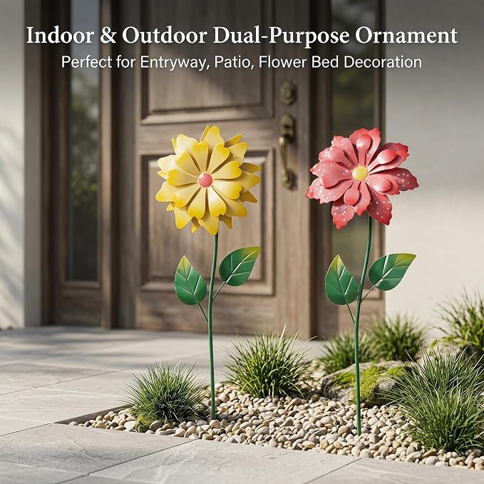 Topadorn Set of 2 Metal Garden Stakes 25", Wind-Responsive Flower Outdoor Yard Decor, Weather Resistant Decorative Garden Stakes for Lawn, Patio & Pathway