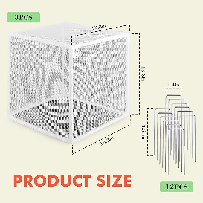 3 Pack Plant Protectors from Animals, 13.8" X 13.8" Detachable Plant Cages for Outdoor Plants with Netting, Square Plant Cages to Keep Animals Out with Ground Stakes (White)