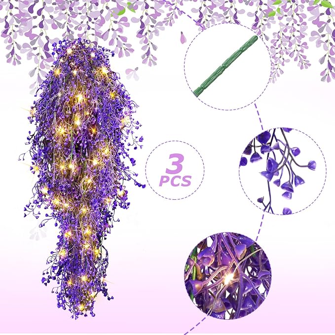 Mudder 3 Packs LED Artificial Hanging Plants, 3.6 ft Fake Hanging Plant, Ivy Vine Fake Leaves Greeny Chain Wall Home Room Garden Wedding Garland Outside Decor (Basket Not Included) (Purple Vine)