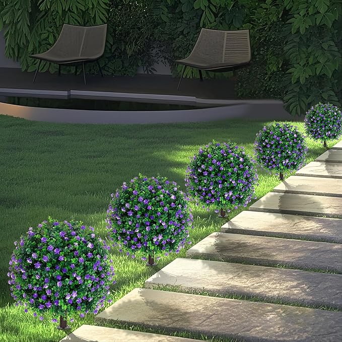 Grooy Artificial Boxwood Topiary Tree with Flower, Set of 2 Artificial Shrub Bushes with Ground Spike, Fake Evergreen Tree for Porch, Artificial Plants for Outdoor Planters Indoor UV Resistant