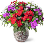 Nigirior Artificial Fake Flowers for Outdoor Décor 6 Bundles UV Resistant Fake Plants for Planter Faux Impatiens for Home Porch/Garden Stunning（Red/White/Purple）
