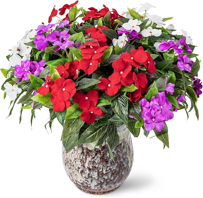 Nigirior Artificial Fake Flowers for Outdoor Décor 6 Bundles UV Resistant Fake Plants for Planter Faux Impatiens for Home Porch/Garden Stunning（Red/White/Purple）
