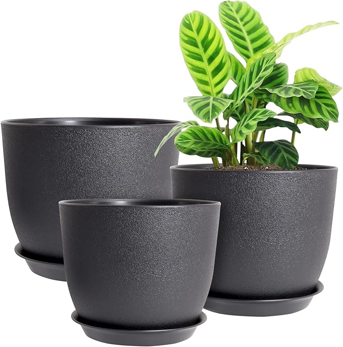 UOUZ 12/10/9 Large Modern Plant Pots, Plastic Planters with Drainage Holes and Saucers for Indoor Outdoor Plants Flowers, Black