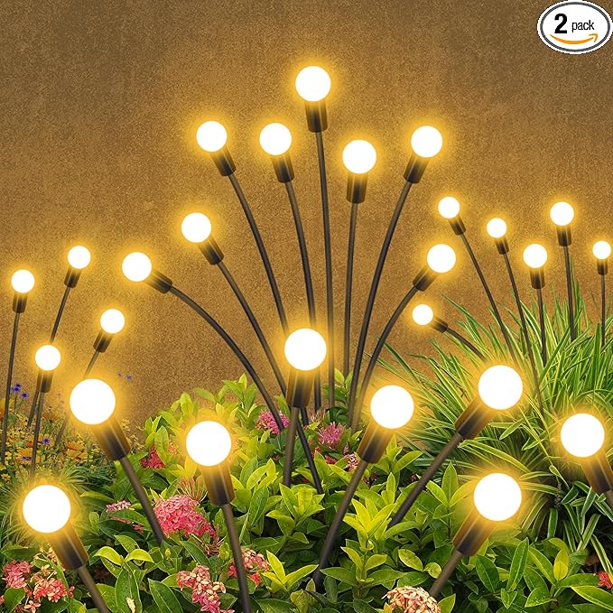 Solar Garden Lights Outdoor Waterproof, 2 Pack 16 LED Swaying Firefly Lights Outdoor Decor Light for Pathway Party Christmas Decoration, Unique Gifts for Women, Warm White