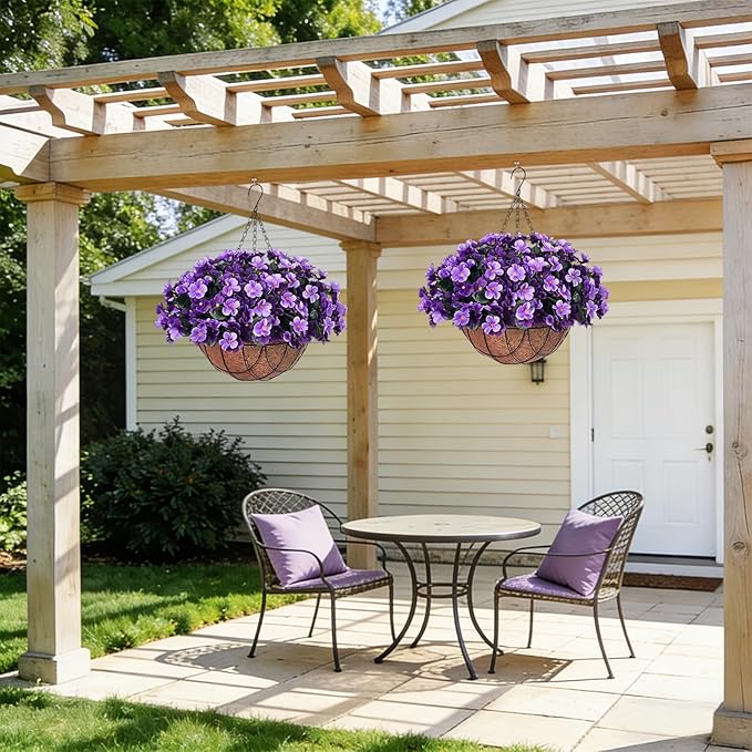 INXUGAO Artificial Hanging Flowers with Basket for Outdoor, Fake Hydrangea UV Resistant Arrangements in Pot Planter Spring Summer Decor for Indoor Porch Garden Yard(Double Violet)