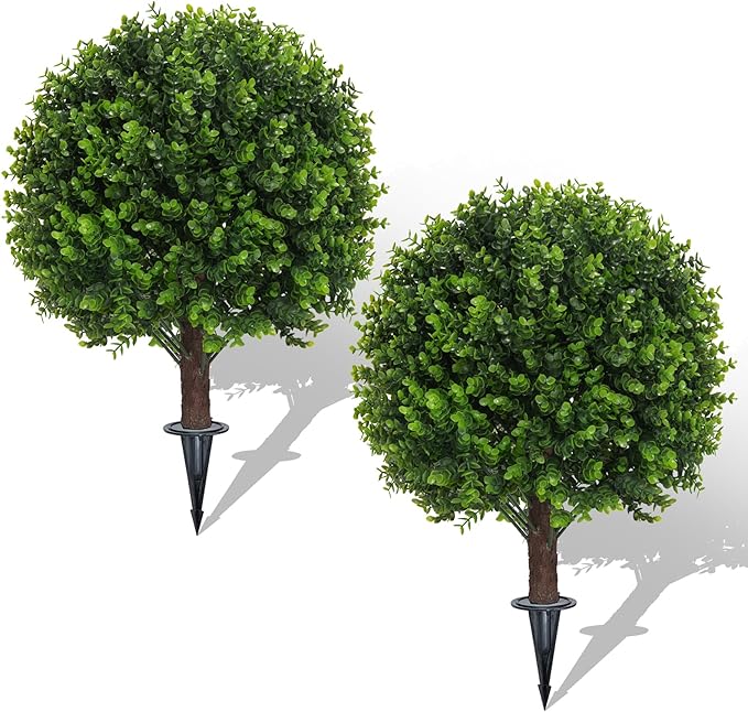 AOKIIE Set of 2 Artificial Green Boxwood Topiary Ball Tree for Outdoor with Ground Spike, 22" UV Resistant Faux Greenery Shrubs, Fake Plants for Garden Yard Porch Patio(Green)