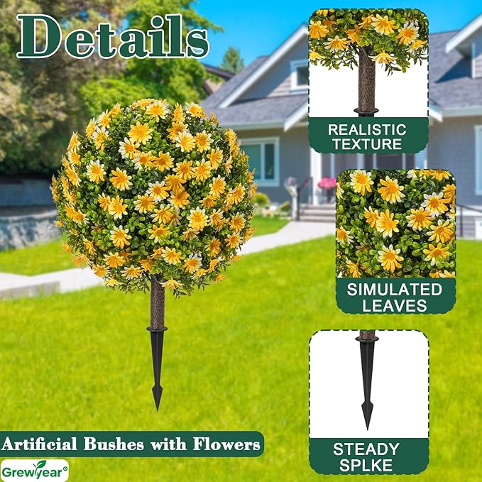 Fall Artificial Topiary Ball with Spike Set of 2, Faux Boxwoods for Outdoor Planters, UV Resistant Artificial Outdoor Plants for Porch, Fake Bushes Round Shrub with Orange Yellow Flower