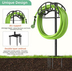 Garden Hose Holder - Upgraded Metal Reel With Tool Storage Basket, Heavy Duty Freestanding Water Hose Holder Holds 150ft, Detachable Storage Hanger for Outside