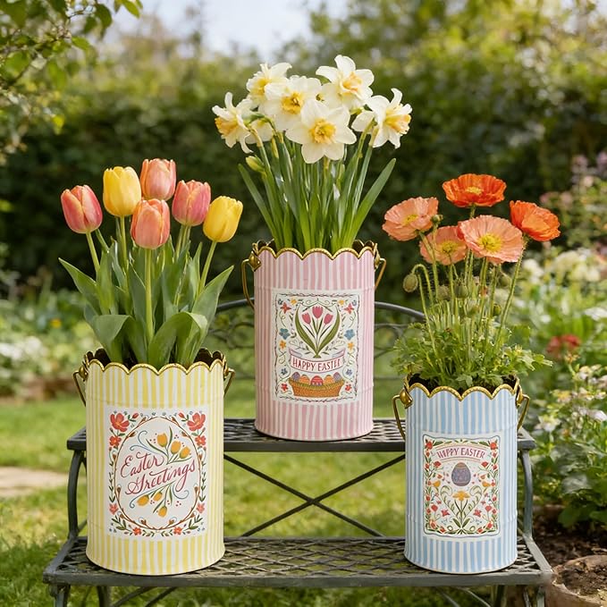Set of 3 Vintage Floral Metal Bucket, Multi-Size Planters for Flowers & Easter Egg Containers, Rustic Garden & Home Decor