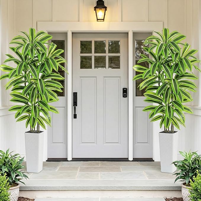 Artificial Yellow Dracaena Tree - 7FT Tall Fake Plants with White Tall Planter - Artificial Plants Indoor Floor Plant in Pot - Large Tropical Fake Yucca Potted Tree for Home Office Living Room Decor