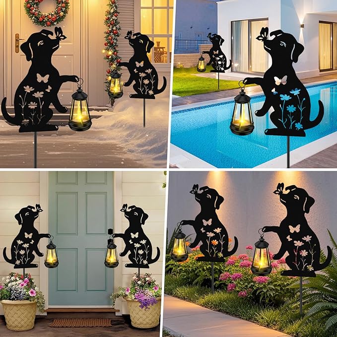 Mothers Day Gifts, Solar Garden Decor Lights,Outdoor Metal Dog Statues with Lantern, Waterproof Solar Lights for Yard Patio Lawn Pathway Art Decoration, Unique Gardening Gifts for Women Mom Dog Lovers