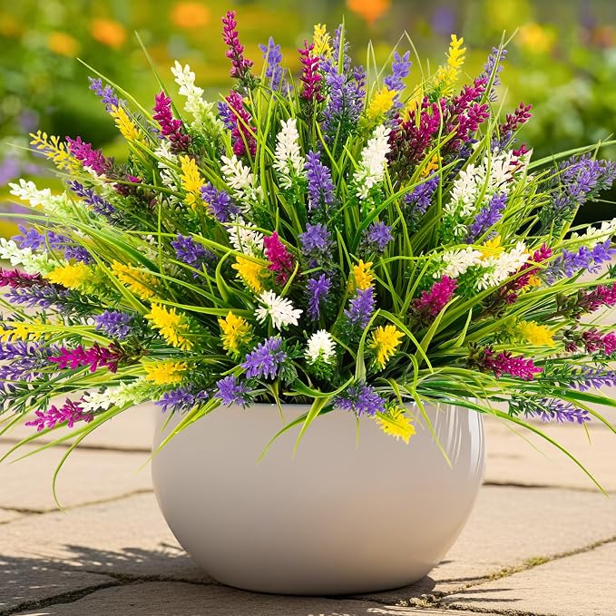 N&T NIETING 20 Bundles Artificial Plants Outdoor Fake Monkey Grass with Flowers for Pot Garden Verandah Decor Plastic Greenery for Window Office Patio Hanging Planter Pathway Front Porch (Mix color 2)