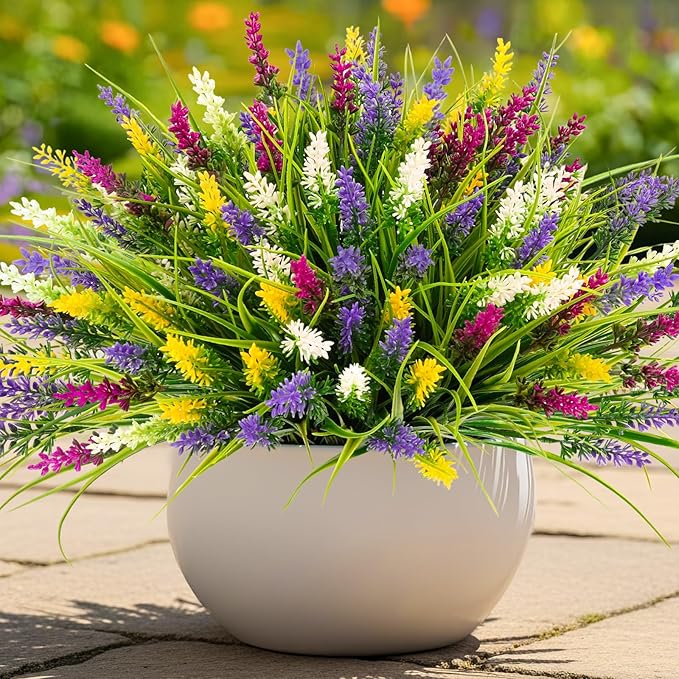 N&T NIETING 10 Bundles Artificial Plants Outdoor Fake Monkey Grass with Flowers for Pot Garden Verandah Decor Plastic Greenery for Window Office Patio Hanging Planter Pathway Front Porch (Mix color 2)