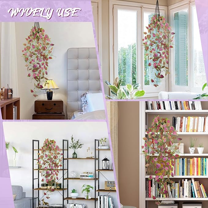 LOYWREE Artificial Purple Ivy Hanging Vine Plants - Small Potted Long Trailing Cascading Foliage, Gothic Home Decor for Indoor/Outdoor, Office, Garden & Shelf (Black Pot)