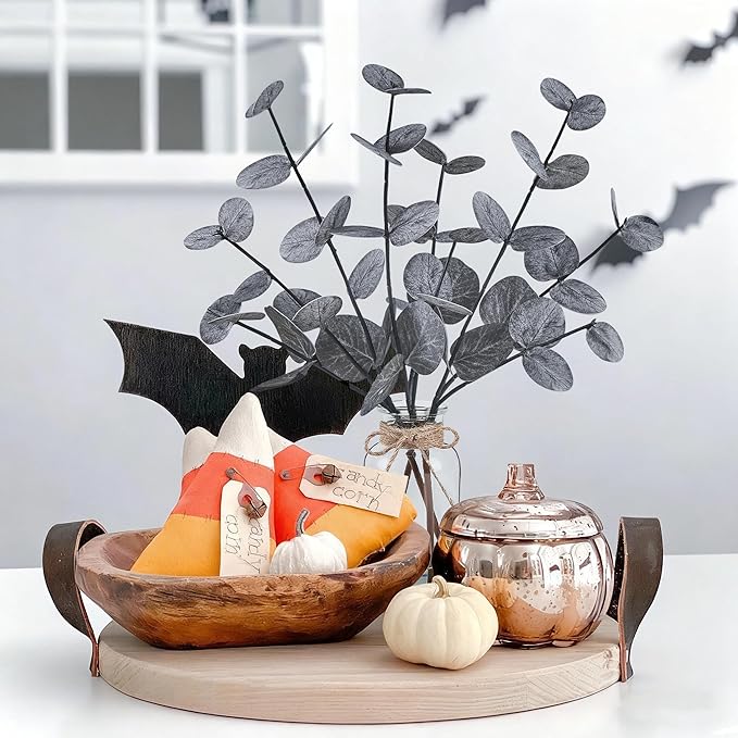 Artificial Eucalyptus Stems in Glass Vase with Faux Water Halloween Decor, 14” Fake Plants for Home Decor Table Centerpieces Office Bathroom Faux Plants Indoor Black Decorations
