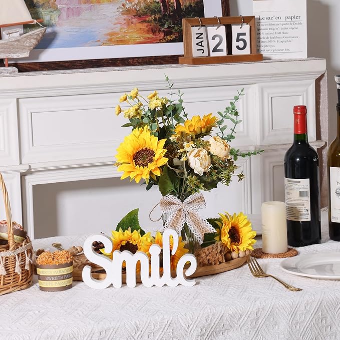 CEWOR Fake Flowers in Vase, Artificial Flowers with Vase Faux Silk Floral Arrangement Table Centerpieces Decor for Home Office Dining Farmhouse Coffee Table Living Room Bathroom Plant Decor(Yellow)