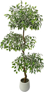 6FT Artificial Ficus Tree Indoor Outdoor, Fake Plants Indoor with White Pot, Realistic White-Edged Leaves Potted Tree for Home Office Decor