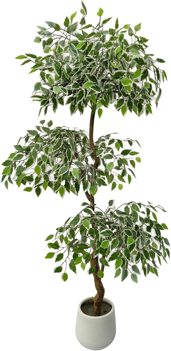 6FT Artificial Ficus Tree Indoor Outdoor, Fake Plants Indoor with White Pot, Realistic White-Edged Leaves Potted Tree for Home Office Decor