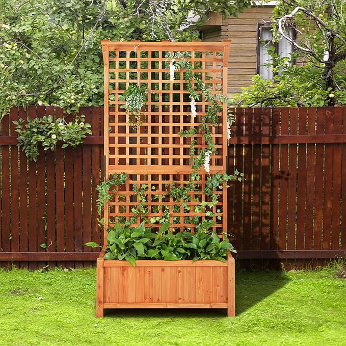 HAPPYGRILL Raised Garden Bed with Trellis, 72.5" Planter Raised Bed with Drainage Holes, Freestanding Garden Box for Vine Climbing Plants, Wooden Planter Box for Yard Balcony (1, Orange)