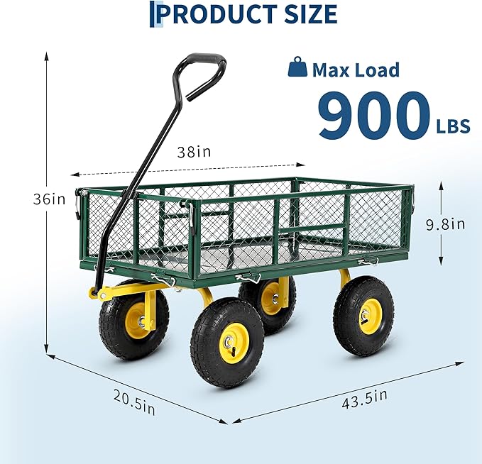 900 lbs Heavy Duty Steel Garden Cart, Garden Wagon Cart on Wheels, Outdoor Metal Yard Utility Wagon Carts with and Mesh Removable Sides and 180°Rotating Handle,Green